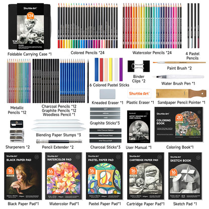 Shuttle Art 124 PCS Drawing Kit, Professional Drawing Supplies with Sketch, Charcoal, Colored, Graphite, Pastel Pencils & Sticks, Complete Drawing Tools and Paper Pads in Zipper Case for Artists&Kids