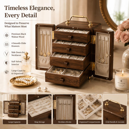 Black Walnut Wood Jewelry Organizer Box, 4-Layer Dustproof Storage ,Jewelry Case for Rings, Earrings & Necklaces – Ideal Gift for Anniversaries, Weddings, Birthdays, Mother’s Day & Valentine’s Day