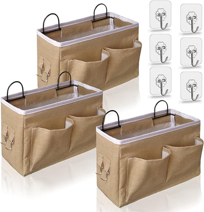 3pcs Middle Wall Hanging Organizer Bag, Linen Fabric Door Hanging Storage Basket