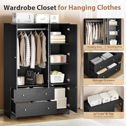 VINGLI Armoire Wardrobe Closet with Doors and Mirror,47" W Wardrobe Cabinet Wooden with Hanging Rod & Shelves Inside, 4 Door Bedroom Armoires with Drawers, Black Freestanding Armoire for Bedroom