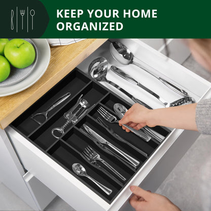 Luxury Bamboo Kitchen Drawer Organizer - Silverware Organizer - Utensil Holder and Cutlery Tray with Grooved Drawer Dividers for Flatware and Kitchen Utensils (7 Slot, Black)