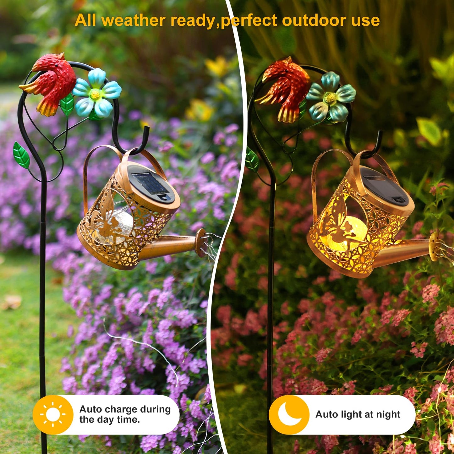 QOCNAM Solar Lights Outdoor Garden Decor Solar Watering Can with Crackle Glass Lights Waterproof Metal Hanging Fairy Lantern for Patio Lawn Yard Outside Decorations- Unique Gift Ideas for Gardening