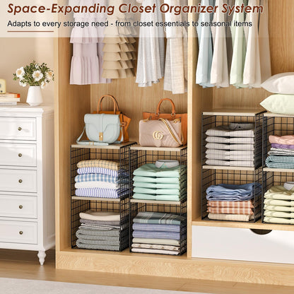 Hencawima 4-Tier Stackable Closet Organizers and Storage, Dual-Layer Reinforced Clothing Cube Shelves with Wood Tops, Sturdy Clothes Storage Bins & Shelf Basket for Wardrobe, Closet Organizer System