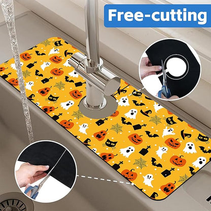 Halloween Pumpkin Bat Ghost Kitchen Sink Splash Guard Mat Absorbent Fast Drying