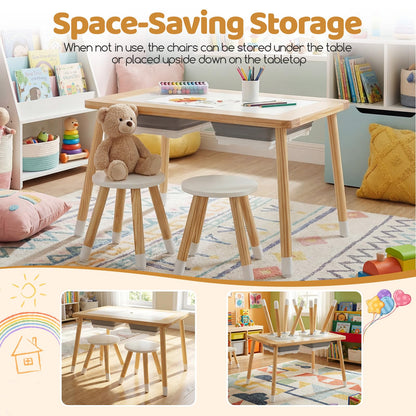 Costzon Toddler Sensory Table and Chairs, Wooden Table and Chair Set w/Double-Sided Boards & 2 Foldable Storage Bins, All-in-One Kids Activity Table for Draw, Sand, Water Play (3 PCS,Natural & White)