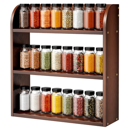 ROMGUAR CRAFT 3 Tier Bamboo Spice Rack, Countertop or Wall Mounting Wood Spice Jars Organizer Shelf for Kitche, Pantry (Brown)