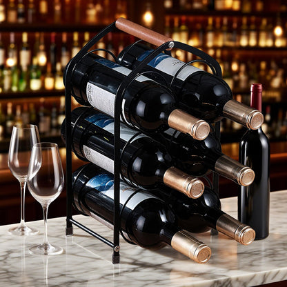 Yaltar Wine Rack countertop Wine Bottle Holder Metal Wine Rack, Industrial Style Honeycomb Design 6-Bottle Wine Storage with Wooden Handle, Easy Installation,for Home Kitchen Bar/Cabinet