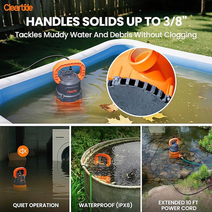 Cleartide Submersible Utility Water Pump, 1/2 HP 3060 GPH, Thermoplastic Portable Plug & Work, Ideal for Pool, Flooded Basement, Hot Tub, Pond & Garden Draining, Debris-Handling up to 3/8", 10 FT Cord