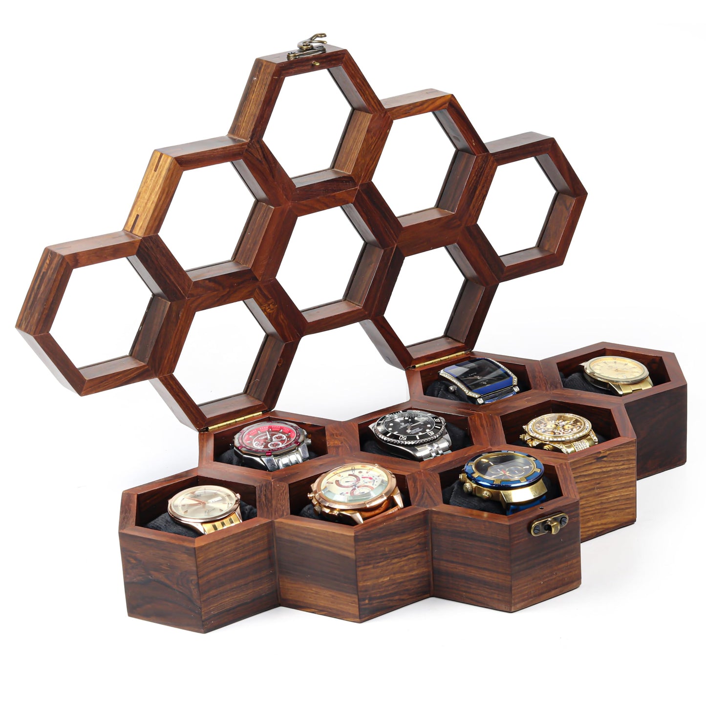 Mars Exports Wooden Watch Organizer Case with Glass Lid | 8 Slot Men’s Watch Storage Box – Dark Rosewood Finish | Elegant Watch Holder for Travel & Gift for Watch Lovers