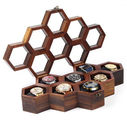 Mars Exports Wooden Watch Organizer Case with Glass Lid | 8 Slot Men’s Watch Storage Box – Dark Rosewood Finish | Elegant Watch Holder for Travel & Gift for Watch Lovers