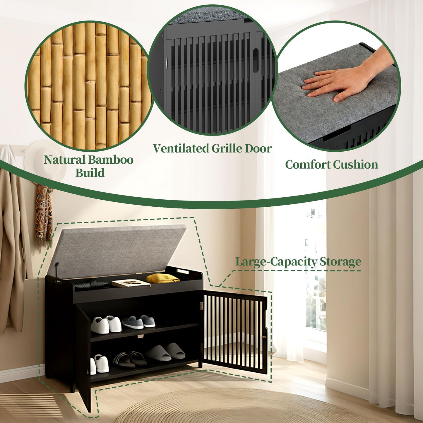 APRTAT Bamboo Shoe Storage Bench with Padded Cushion, 3-Tier Shoe Rack Organizer with 2 Ventilated Grille Doors for Entryway, Bedroom, Bathroom (Black, Large)