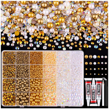 14000PCS Flatback Pearls and Gold Rhinestones for Bedazzling Kit, White Brown 3-10mm Resin Rhinestones and Half Pearls for Crafting, Nail Art Crafts Dec with 3pcs B7000 Jewelry Glue