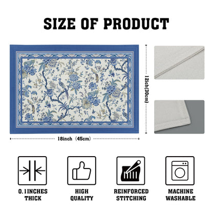 Giwawa 4PCs Chinoiserie Placemats Blue White Floral Birds Decorative Linen Table Mat 12"x18" Oriental Style Classic Flowers Heat Resistant Washable Place Mats for Kitchen Dining Party