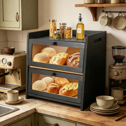 RisUni Double Layer Bamboo Bread Box for Countertop - Large Black Kitchen Storage (15.7x11.2x14.4 Inch) with Clear Window & Breathable Magnetic Closure