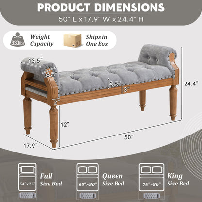 Christopher Knight Home Yordle Button-Tufted Linen Upholstered End of Bed Ottoman, Wooden Living Room Ottoman Bench with Nailhead Trim, Long Entryway Bench with Rolled Arms, Gray + Brown