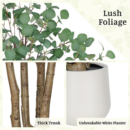 Artificial Eucalyptus Trees with White Planter, 8 FT Faux Eucalyptus Plants Indoor Tall Fake Floor Trees with Silk Leaves and Thick Trunk for Living Room Bedroom Corner Home Office Decoration