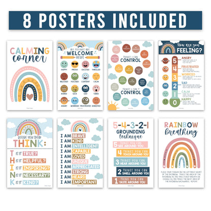 Hadley Designs 8 Calming Corner Posters for Classroom Must Haves - Calm Down Corner Supplies with Emotions Chart, School Counselor Mental Health Poster, Feelings Chart For Kids, Boho Classroom Decor