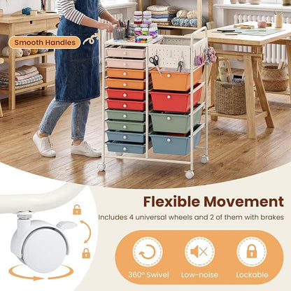 Giantex 14 Drawer Storage Cart, Rolling Craft Cart with Metal Tabletop & Pegboard, Mobile Utility Organizer Trolley with Locking Wheels, Home Office, Macaron Multicolor