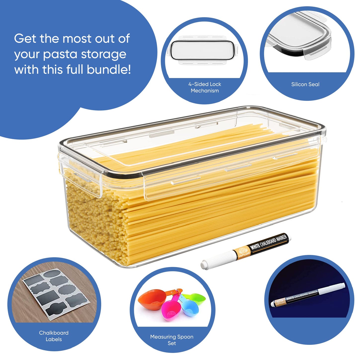 Chef's Path Airtight Food Storage Containers with Lids (Set of 4/3.6 Liters Each), Plastic Spaghetti Container for Pasta & Dry Food Storage, BPA Free Pantry Organizer Set with Kitchen Accessories