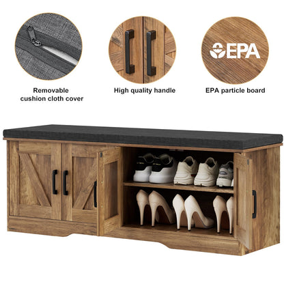 HOMSHO 2-Tier Storage Bench, 47.2" Wide Shoe Bench with Padded Seat Cushion, Entryway Bench with 4 Barn Doors and Adjustable Shelf, Rustic Walnut