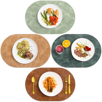 ADRIMER Placemats, Heat Resistant Oval Placemats Set of 4 Washable 12 x 17 Inch, Waterproof Table Mats, Wipeable Pu Place Mats for Kitchen, Dining Room, Turmeric Brown+Light Brown+Green+Blue