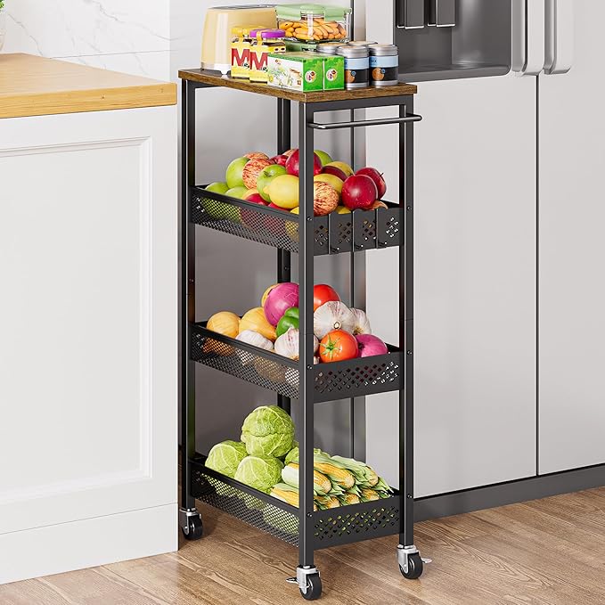 XYZLVSI Slim Storage Cart 4 Tier Fruit and Vegetable Baskets for Kitchen Small Space, Narrow Laundry Cart on Wheels with Wooden Top and Metal Handle for Pantry, Bathroom, Laundry Room