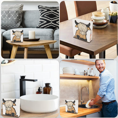FYSUIMU 2 Pcs Wooden Highland Cow Napkin Holder Standing Brown Wooden Paper Holder Napkin Tissue Dispenser for Dining Room Cocktail Kitchen Table Countertop Decor