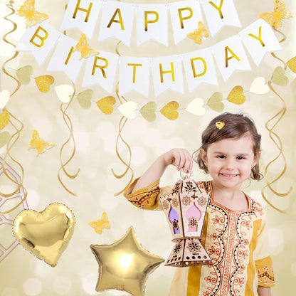 White and Gold Birthday Party Decorations Kit for Women Girls, Gold White Sand Confetti Foil Balloons Happy Birthday Banner Fringe Curtains Butterfly Garland Baptism Communion Supplies