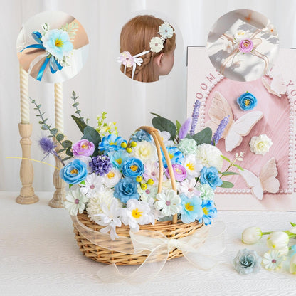 ATTGREAT Fake Flower Heads Mini Silk Flowrs Bulk Small Flower 3D Loose Faux Daisy Rose Sunflowers Plum Blossoms Craft for Wedding Party Cake Baby Shower Home Decor, 110Pcs(Blue)