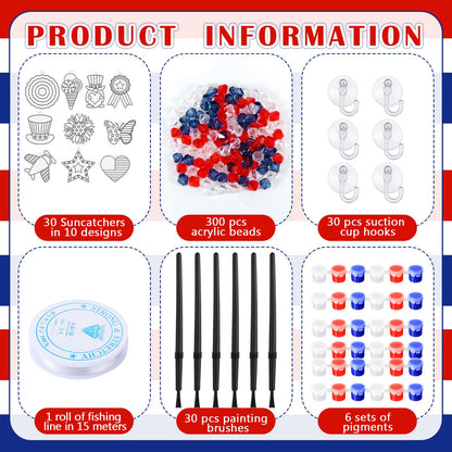WinnerWhy 30 Sets 4th of July Crafts Bulk, Patriotic 250th Anniversary Stained Glass Sun Catcher Art Kits for Memorial Day Home Party Project Activities Hanging Ornaments