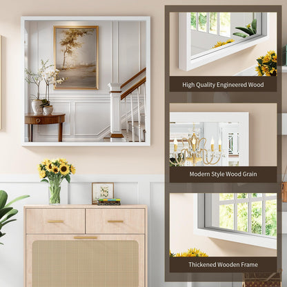 Syndra Square White Wood Frame Bathroom Mirror, 32''x32'' Modern Vanity Mirror for Wall, Waterproof Slim Deep Frame, HD Tempered Glass Mirror for Living Room, Bedroom, Entryway, Rustic, Farmhouse