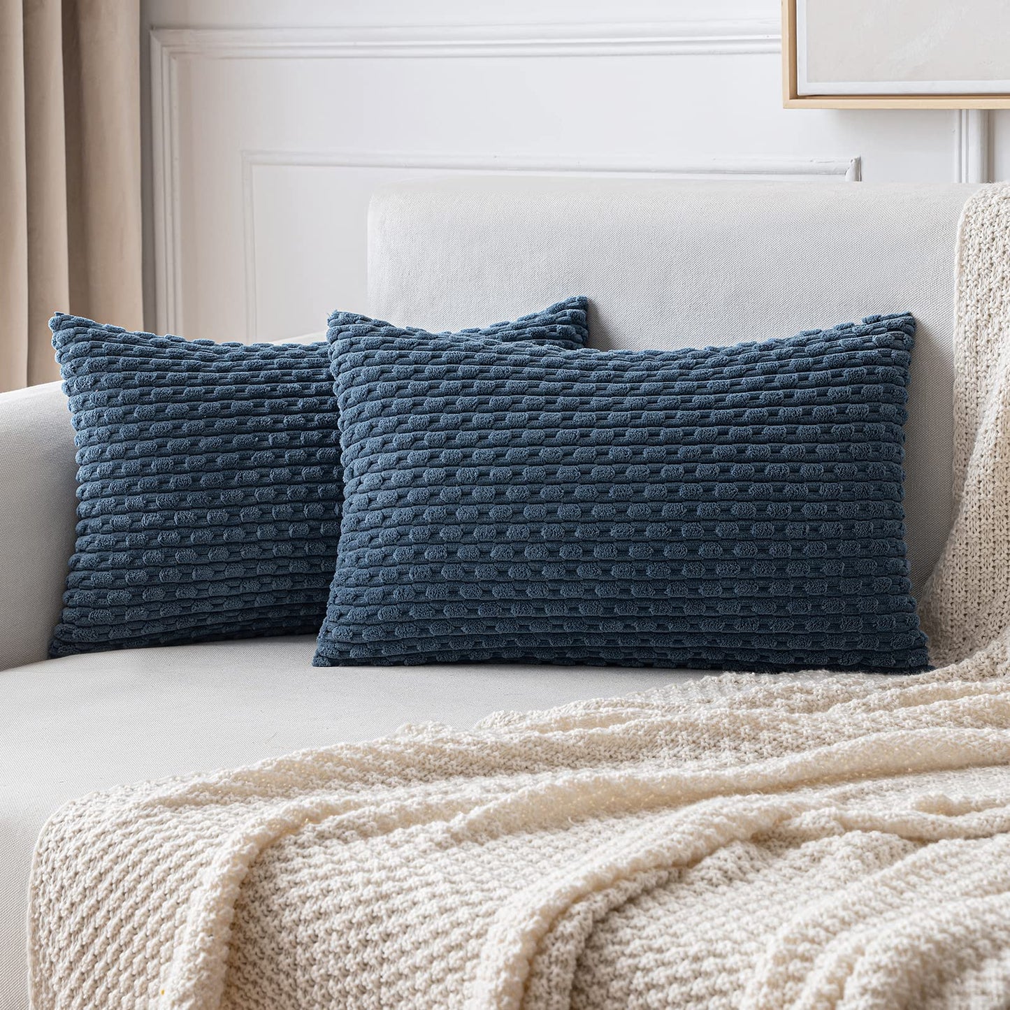 MIULEE Pack of 2 Decorative Throw Pillow Covers 18x18 Inch Soft Boho Striped Textured Corduroy Pillow Covers Modern Farmhouse Home Decor for Couch Bed Sofa Living Room Cream White
