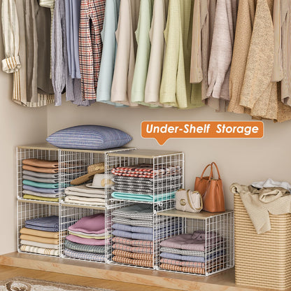 Hencawima 5PCS Stackable Closet Organizers and Storage, Closet Shelves with Wood Top Extra Storage, Clothes Storage Organizer Basket Bin/Cube for Home Wardrobe Organization(White-Sturdy Metal)