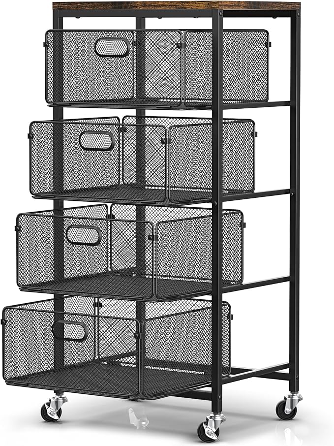 SUNALLY Rolling Kitchen Cart with Drawers, 4-Tier Utility Cart Fruit Vegetable Storage Cart with Lockable Wheels, Wooden Top Metal Kitchen Storage Organizer for Cans, Snacks, Beauty, Craft, Art, Black