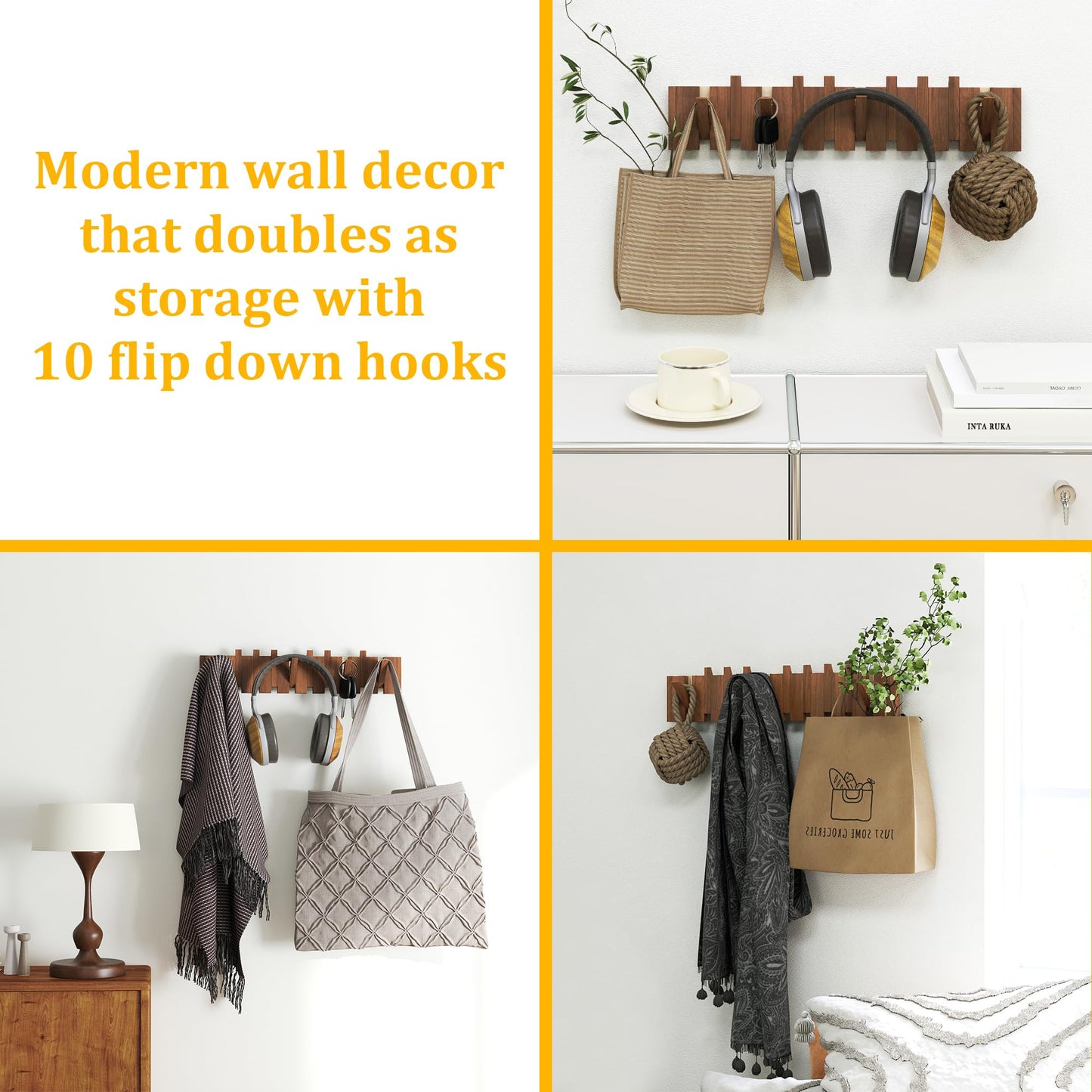 Qriocioa Wood Wall Mounted Coat Rack with 10 Flip Down Hooks, Heavy Duty Piano Style Wall Hook Rack, Decorative Coat Hooks Wall Mount for Entryway, Living Room, Bedroom, Bathroom, Kitchen