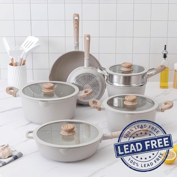Country Kitchen Non-Stick Cast Aluminum Cookware Set - Durable Kitchen Cookware for Everyday Cooking, Cream Round Handle, 11 Pc.