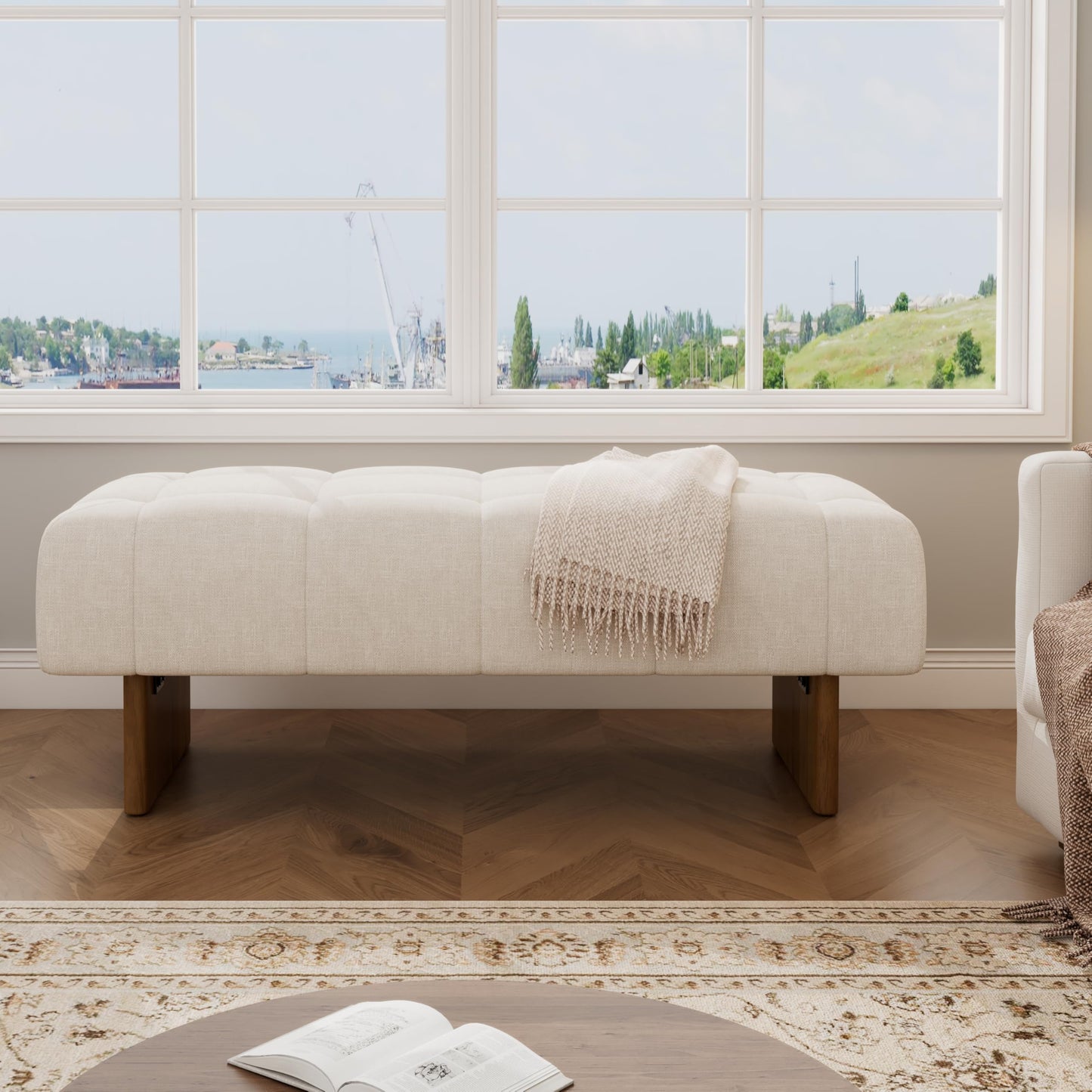 Christopher Knight Home Yvone Modern Upholstered Ottoman Bench, Minimalist Wooden Entryway Bench, Living Room Sofa Extra Seat, Ottoman End of Bed Bench for Bedroom, Beige+Brown