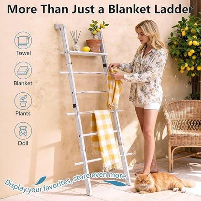 67" Wooden Blanket Ladder with Shelf and Hooks, 6-Tier Blanket Ladder for Living Room, Wall-Leaning Towel Ladder and Quilt Rack Storage, Farmhouse Decor Ladder for Display (Vintage White)