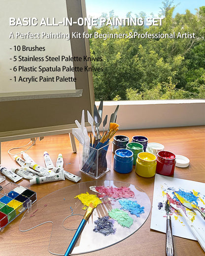 Acrylic Paint Set, Art Painting Supplies Kit with 10 Brushes, 5 Stainless Steel Palette Knife, 6 Plastic Spatula Palette Knives, Paint Palette tray, Acrylic Painting Supplies for Adults and Kids