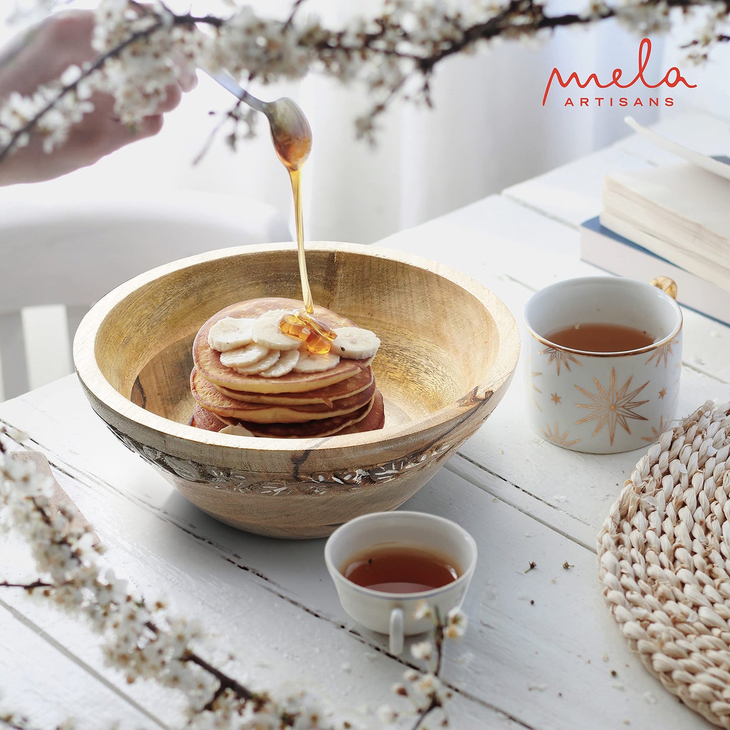 Mela Artisans 9 in Wide x 4 in Tall Jasmine Mango Wood Bowl – Hand-Carved Decorative Serving and Fruit Bowl with Whitewash Finish for Kitchen Counter, Salad, Bread and Home Decor