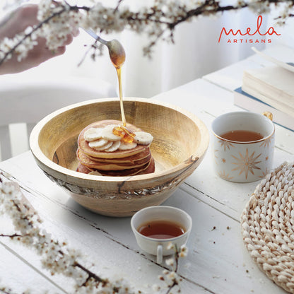 Mela Artisans 9 in Wide x 4 in Tall Jasmine Mango Wood Bowl – Hand-Carved Decorative Serving and Fruit Bowl with Whitewash Finish for Kitchen Counter, Salad, Bread and Home Decor