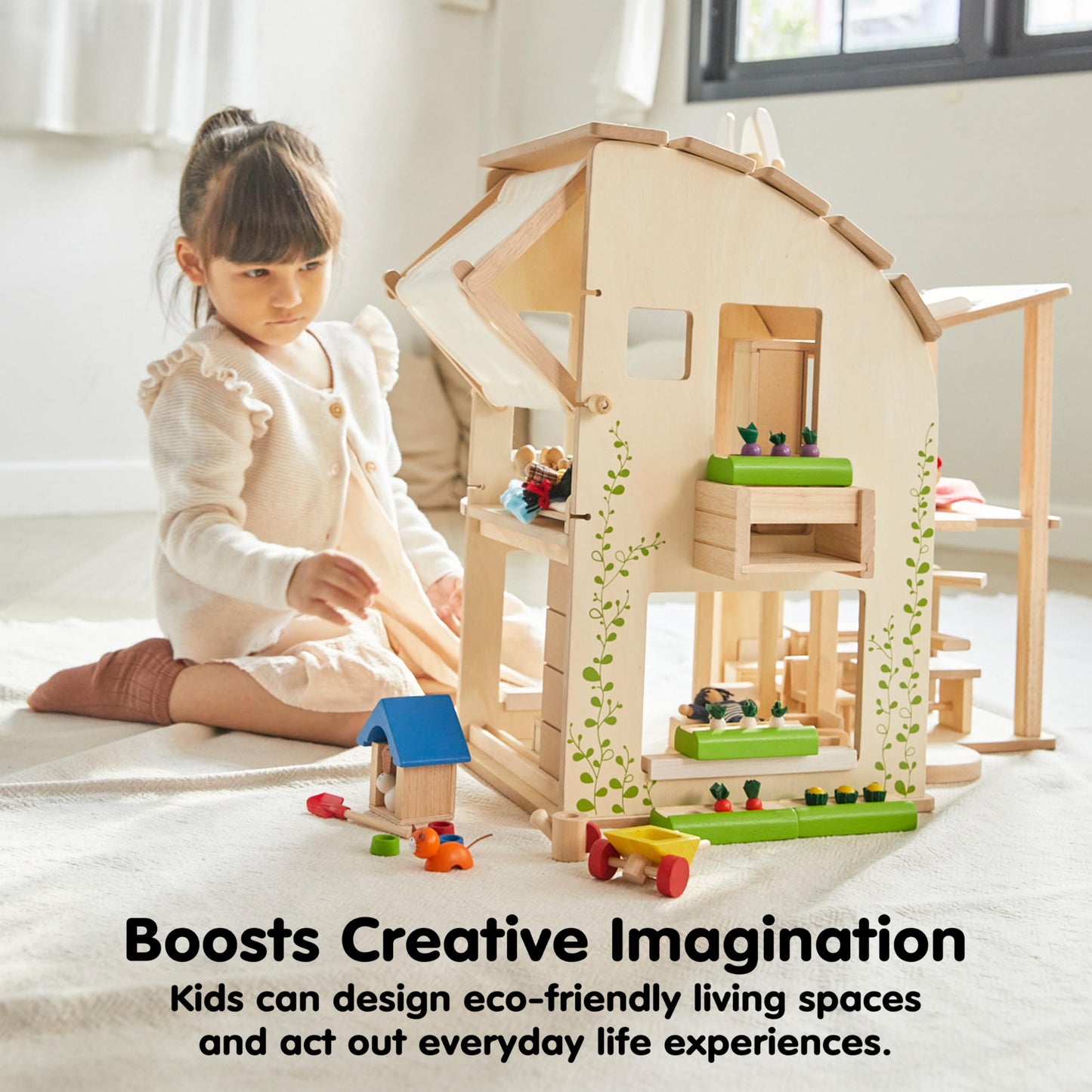 PlanToys® Green Wooden Dollhouse with Furniture | Eco Friendly Doll House with Solar Panel, Wind Turbine & Recycling System | Pretend Play Dollhouse for Sustainable Living Role Play