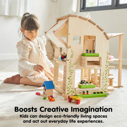 PlanToys® Green Wooden Dollhouse with Furniture | Eco Friendly Doll House with Solar Panel, Wind Turbine & Recycling System | Pretend Play Dollhouse for Sustainable Living Role Play