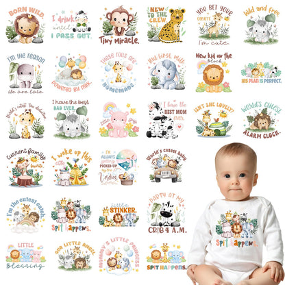 Falueqg Baby Shower Iron on Transfer - 30Pcs Dtf Transfers Ready to Press, Jungle Safari Animal Baby Onesie Decorating Kit Iron on Decals Patches, Cute Heat Trasnefer Stickers for Baby Bibs