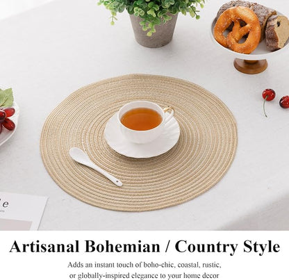 SHACOS 15 inch Round Placemats Set of 6, Cotton Polyester Woven Braided Place Mats, Washable Heat Resistant Non Slip Table Mats for Kitchen Dining Table (Beige, 6)