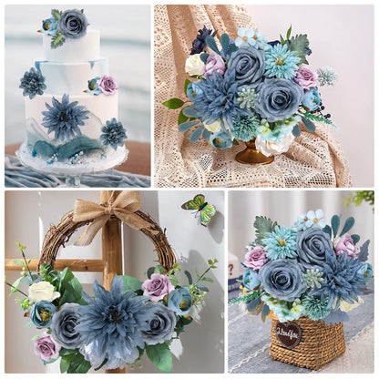 AmyHomie Blue Artificial Flowers Combo Silk Mix Peony Rose Hydrangea Fake Flowers w/Stem for DIY Wedding Bouquets Centerpieces Arrangements Table Decor Party Bridal Baby Shower Home Decorations