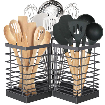 Suli Kitchen Utensil Holder with 3 Compartments, Grey Metal Corner Kitchen Caddy for Countertop, Farmhouse Rustic Cooking Storage-Grey