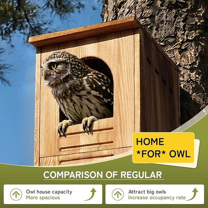 Screech Barred Owl House, 25" Extra Large Owl Bird Box Handmade Wooden Circular Opening for Outside with Mounting Screws and A Bag of Wood Shavings, Easy Assembly Required (Brown, 14"x25")