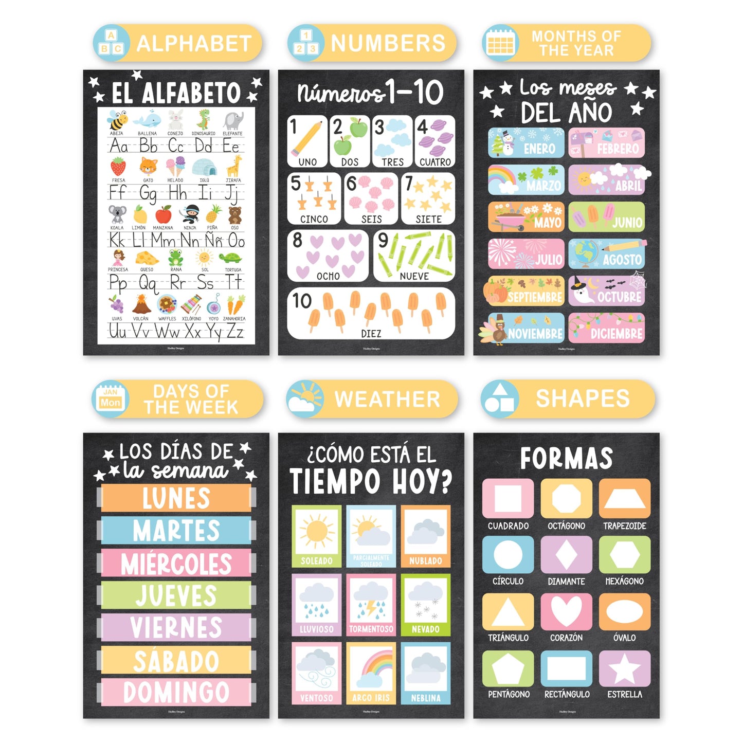 Hadley Designs Spanish Posters for Classroom -12 Bilingual Educational Posters for Spanish Classroom Decorations Must Haves, Calendario y Alfabeto en Español Para la Pared, Chalkboard Teacher Supplies