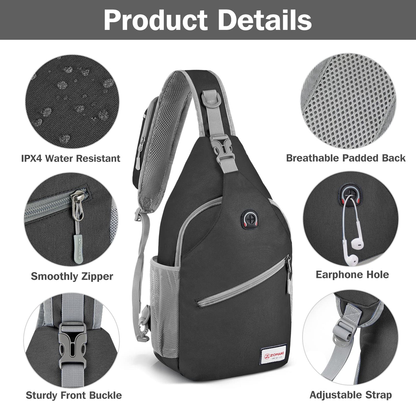 ZOMAKE Sling Bag 8L - Lightweight Crossbody Backpacks Waterproof Backpack for Travel Outdoor Sport Men Women